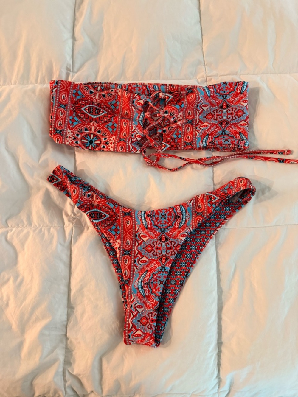 SHEIN Red Paisley & Blue Floral Lace-Up Bikini Set
